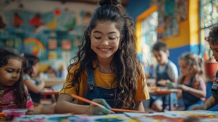 Teacher Guiding Children During Art Class in Colorful Classroom