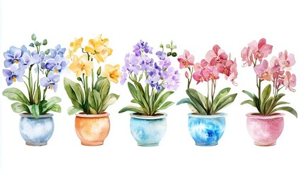 Naklejka premium Collection of watercolor flowers in pots isolated on white background 