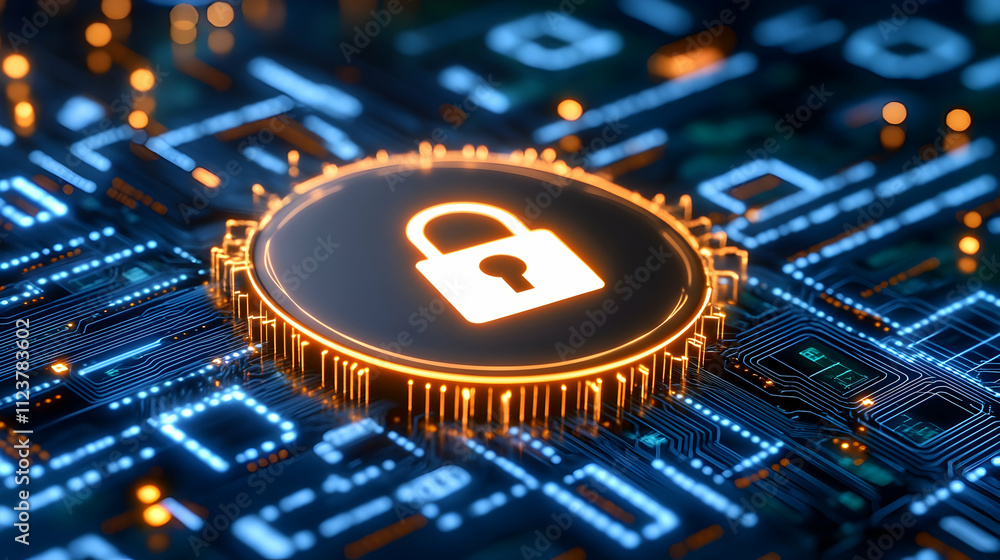 Aufkleber glowing padlock icon on a circuit board, representing digital security and data protection.