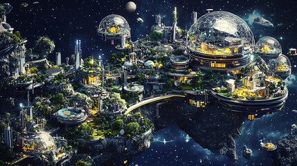 A sprawling floating city on an asteroid, with parks and living spaces under glass domes and magnetic bridges connecting various sectors.