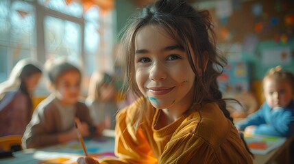 Teacher Guiding Children During Art Class in Colorful Classroom