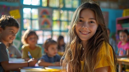 Teacher Guiding Children During Art Class in Colorful Classroom