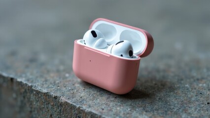 Close-up of a pink AirPods case with wireless earbuds inside, resting on a textured surface
