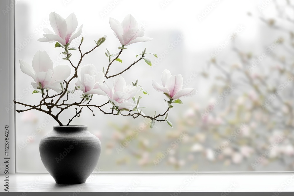 Poster elegant magnolia branch in a minimalistic vase by the window on a tranquil day