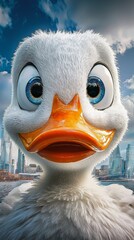 Cute animated duck character looking at the viewer with a city skyline behind