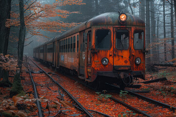Obraz premium Old rusty train in the autumn forest. Railway station in the fog.,. 