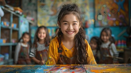Teacher Guiding Children During Art Class in Colorful Classroom