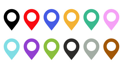 Multicolored set of location pin icons on white background, 12 set of  location pin icons in different colors.