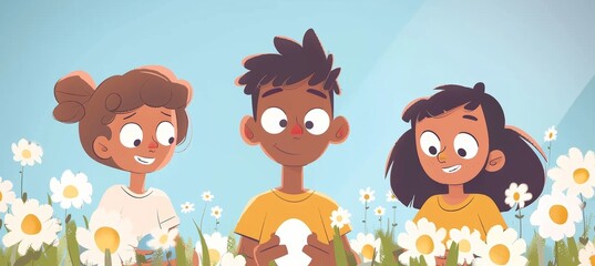 Naklejka premium Children joyfully searching for hidden easter eggs among vibrant spring flowers in tranquil scene