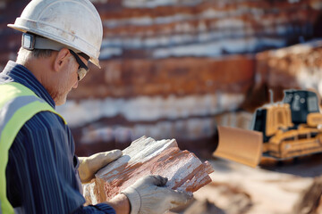 An engineer in a white helmet examines a piece of rock in an alumina quarry. Ore mining