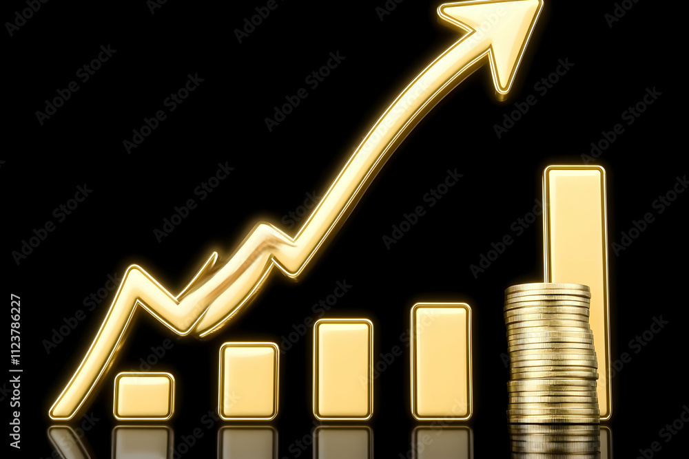 Poster golden graph showing growth and increasing profits with a stack of coins.