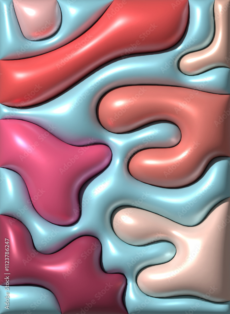 Poster multicolored inflated figures with shiny surface, 3d rendering illustration