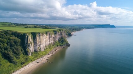 Aerial view of coastal cliffs and serene waters, capturing the lush greenery and sandy beach below, Ideal for travel blogs, nature magazines, or promotional content showcasing scenic landscapes,