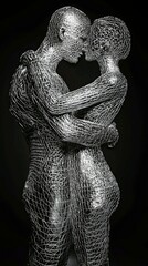 Embracing figures made of intertwined wire demonstrate love and connection in abstract art