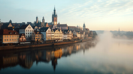 Fototapeta premium Charming buildings line a foggy riverside under a pastel sky, reflecting in the water. Concept of tranquility and architecture. For travel photo.