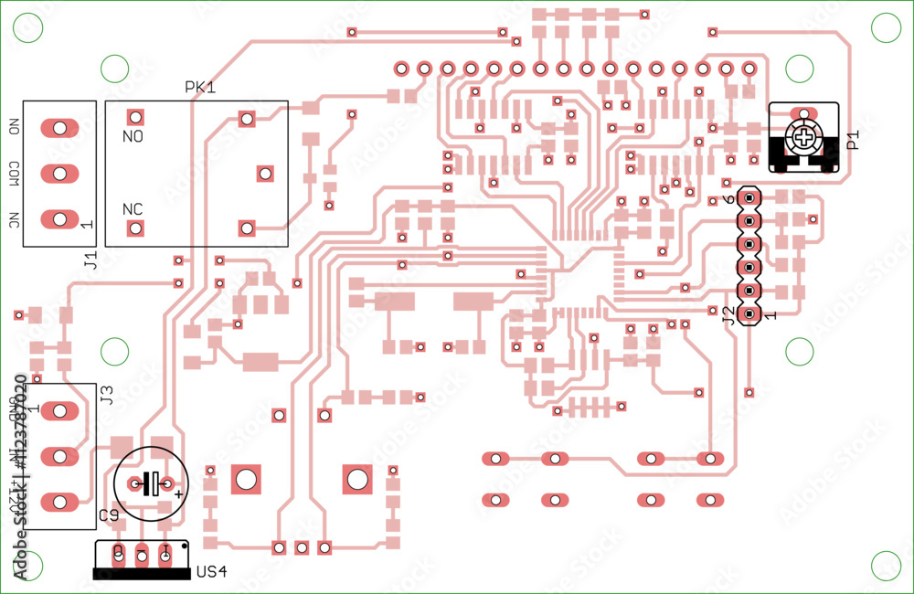 Poster vector printed circuit board of electronic device with components of radio elements, conductors and 