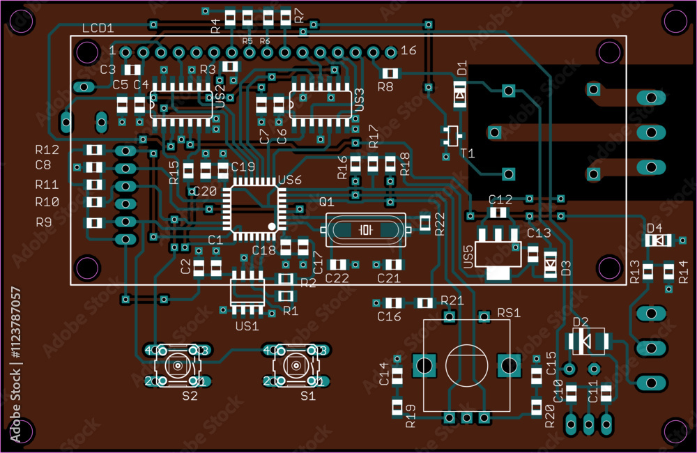Poster vector printed circuit board of electronic device with components of radio elements, conductors and 