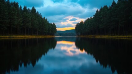 Obraz premium A tranquil lake reflects the colorful sunset surrounded by dense coniferous trees, creating a serene atmosphere, Ideal for nature-themed projects, relaxation blogs, or outdoor adventure content,