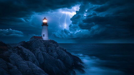 A storm-battered lighthouse on a rocky cliff, with flashes of lightning illuminating the sea below as the wind howls through the cracks in the stone.