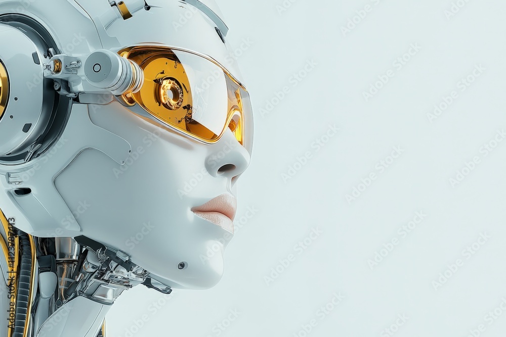 Poster futuristic robotic head with sleek design showcasing advanced technology and golden accents in a min