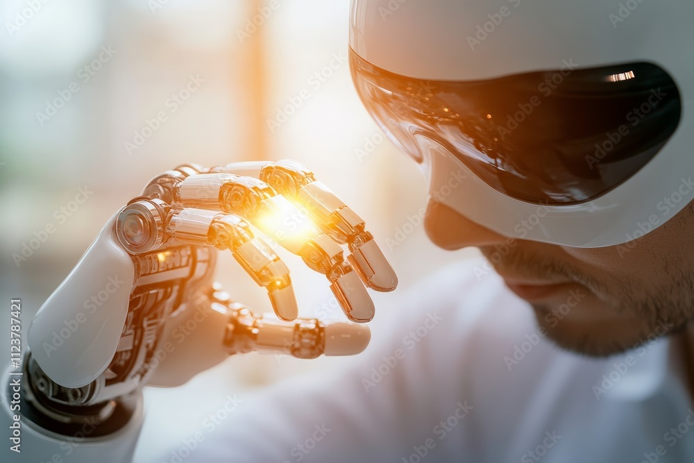 Poster human and robotic interaction showcasing advanced technology in a modern setting