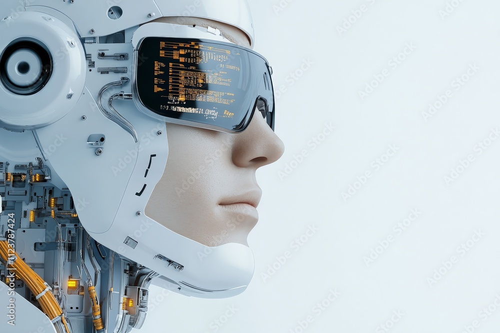Poster futuristic robot with augmented reality glasses showcasing advanced technology and design