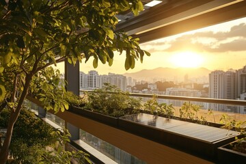 Fototapeta premium Rooftop garden with sunset view over city skyline and mountains in the background