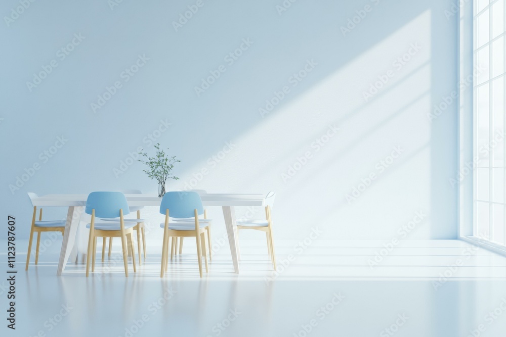 Wall mural Simple dining room with light blue chairs and a white table. AI.