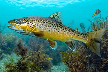 Fototapeta premium A vibrant underwater scene featuring a brown trout swimming among aquatic plants.