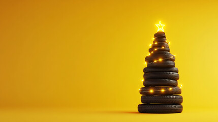 Festive Tire Stack Christmas Tree with Lights  Yellow Background