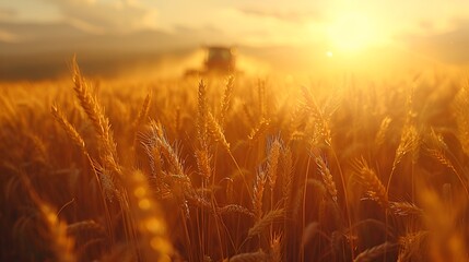 Golden Wheat Harvest Scene with Combine Harvester in Action