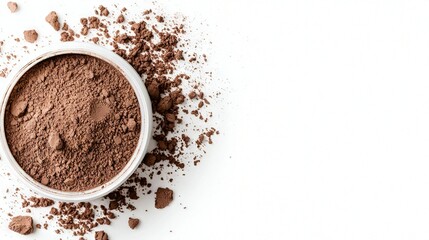   A chocolate-filled bowl atop a white countertop alongside a mound of chocolate powder