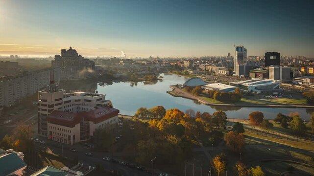 sunny morning time minsk city center riverside rooftop panorama timelapse 4k belarus