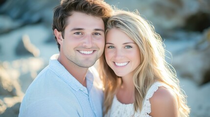 Naklejka premium Happy young couple smiling at camera outdoors.