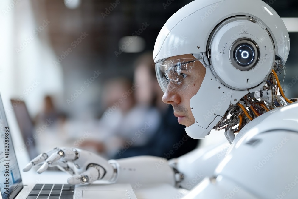 Poster robot using laptop in modern workspace focusing on technology and innovation