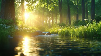 Obraz premium A serene forest scene with gentle sunlight filtering through trees, reflecting on a calm stream surrounded by lush greenery and wildflowers, ideal for nature-themed projects or wellness content,