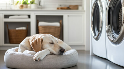 Golden Retriever Dog Sleeping Peacefully in Laundry Room