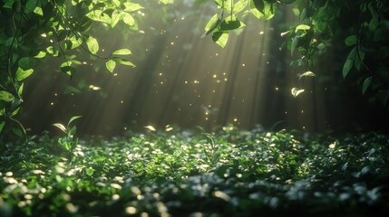 Fototapeta premium Sunbeams illuminate lush green forest floor, creating magical atmosphere.