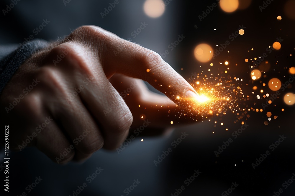 Poster capturing the essence of creativity through a finger interacting with glowing particles in a dark en