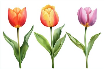 Fototapeta premium Watercolor set of tulips png. Spring tulips with green leaves on a white background. Floral elements for wedding invitations and other designs. watercolor flowers 