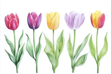 Fototapeta premium Watercolor set of tulips png. Spring tulips with green leaves on a white background. Floral elements for wedding invitations and other designs. watercolor flowers 