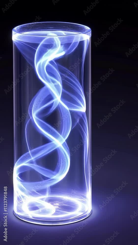Poster techniques of light movement captured in a glass cylinder creating swirling blue patterns