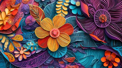 Paper-cut floral mosaic design with vibrant colors and intricate abstract patterns