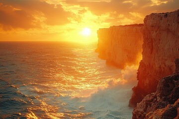 Stunning sunset over rocky cliffs by the ocean with vibrant colors and waves crashing against the...