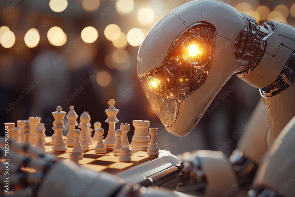 Poster robot playing chess in an illuminated setting during an evening gathering showcasing technology and 