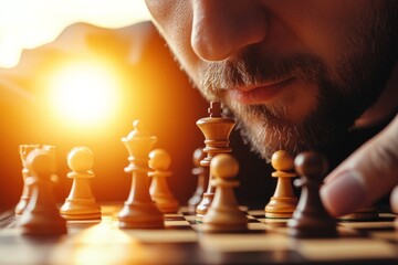 Chess match at sunset with a man deeply focused on his strategy