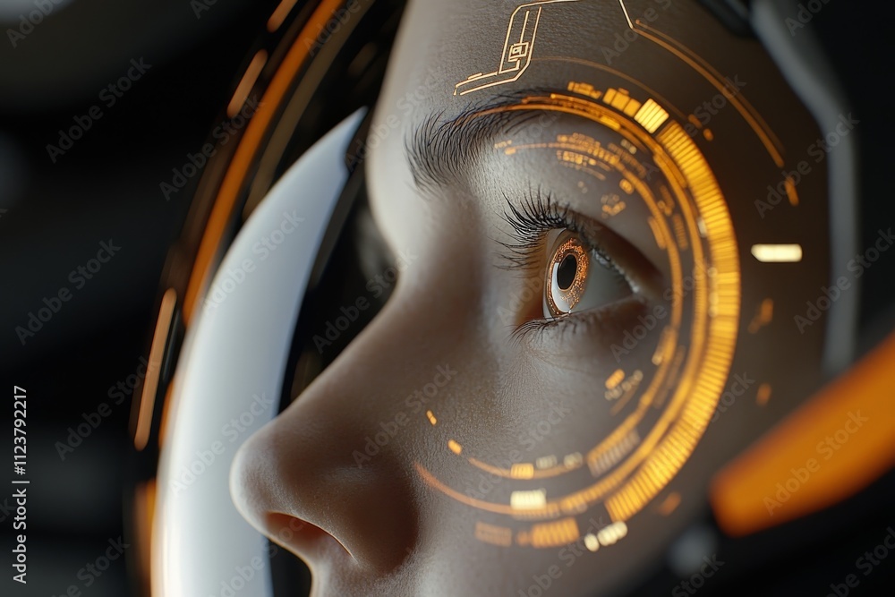 Aufkleber futuristic close-up of a human-like figure in an advanced helmet displaying digital interface elemen