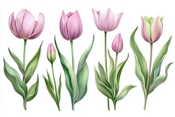 Fototapeta premium Watercolor set tulips png. Spring tulips with green leaves on a white background. Floral elements for wedding invitations and other designs. watercolor flowers 