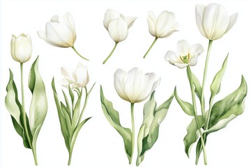 Watercolor set  tulips png. Spring tulips with green leaves on a white background. Floral elements for wedding invitations and other designs. watercolor flowers 
