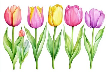 Watercolor set  tulips png. Spring tulips with green leaves on a white background. Floral elements for wedding invitations and other designs. watercolor flowers 